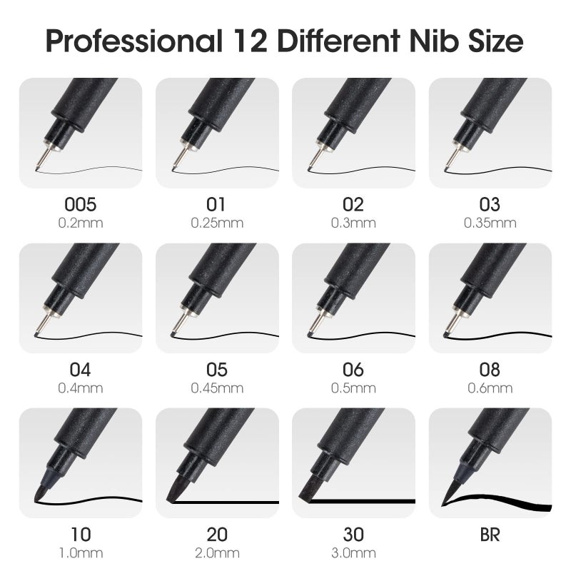 TWOHANDS Art Pens Fineliner Ink Pens Set of 12 Technical Drawing pen Pigment Pen Fine Point Black Waterproof for Art Watercolor Sketching Anime Manga  902188 - Image 2